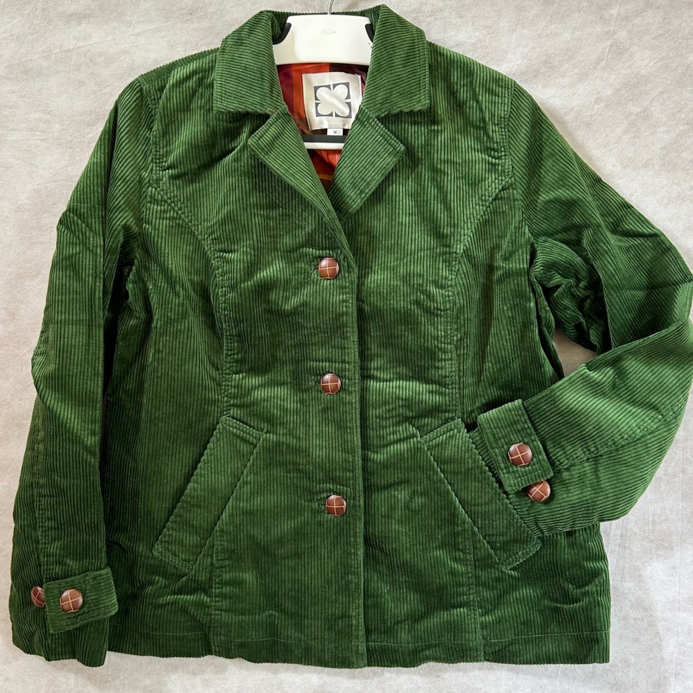 Liz Claiborne Green Corduroy Blazer Jacket Plaid Lined Women Medium